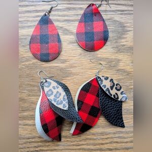 Red and Black Buffalo Plaid/Leopard Teardrop Earrings Set